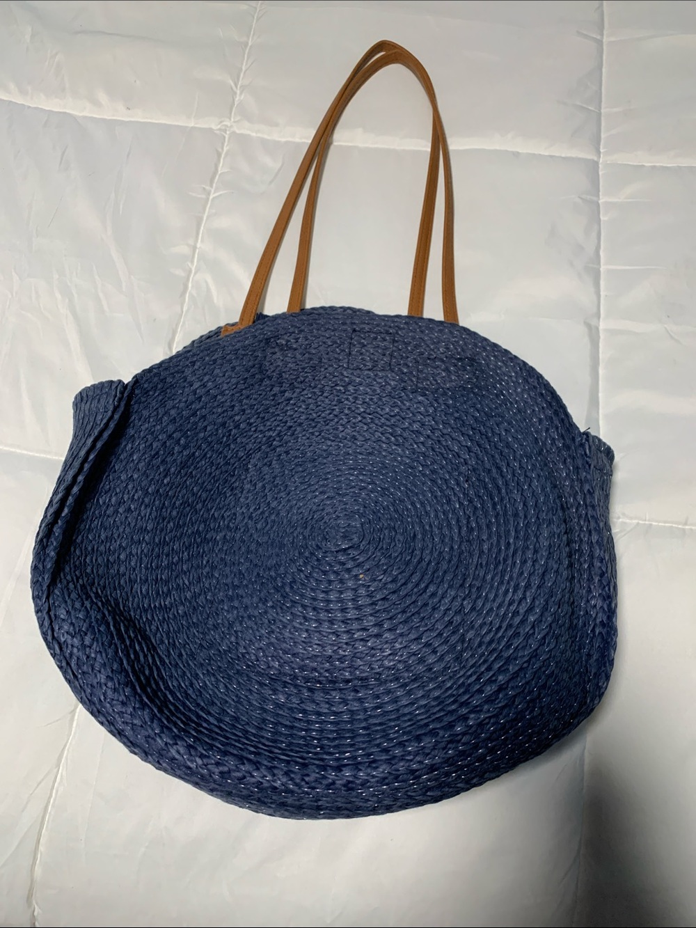 Blue Woven Round Tote with Tan Straps